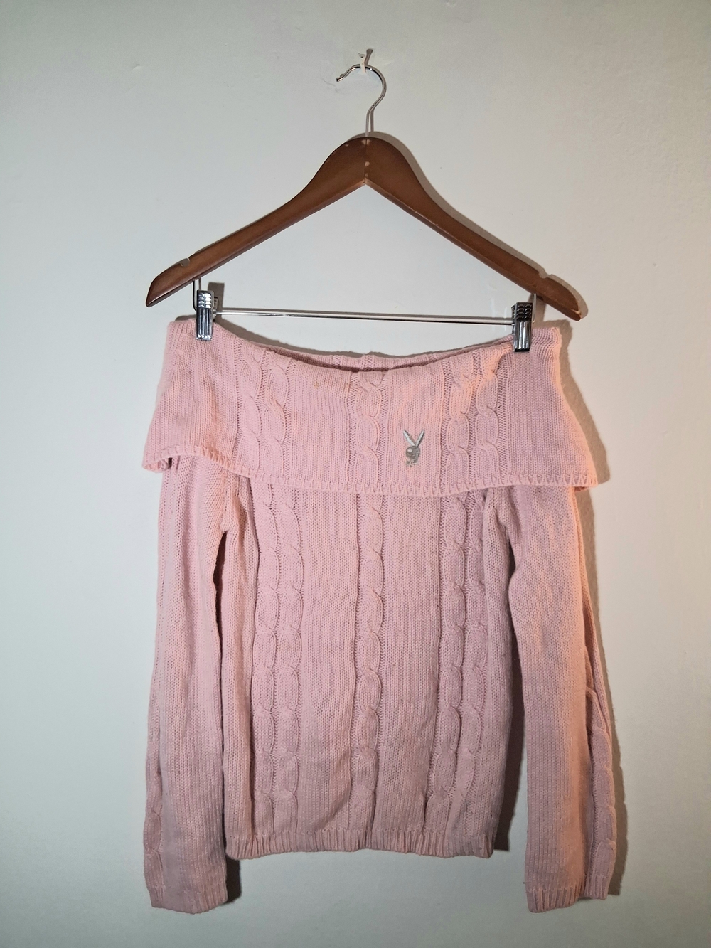 Playboy Pink Off-Shoulder Cable Knit Sweater